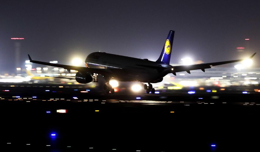 A Lufthansa aircraft lands at the airport in Frankfurt, Germany, Thursday, Nov. 7, 2019. The flight attendants&#x27; union Ufo is on strike at Lufthansa for 48 hours. (AP Photo/Michael Probst)