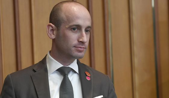 FILE - In a Sunday, June 30, 2019 file photo, White House senior policy adviser Stephen Miller waits for the start of a meeting with President Donald Trump and South Korean President Moon Jae-in in Seoul. The Southern Poverty Law Center has published emails that it says show White House adviser Stephen Miller &amp;quot;promoted white nationalist literature and racist propaganda&amp;quot; to a conservative news site. The nonprofit&#39;s Hatewatch blog published excerpts Tuesday, Nov. 12, 2019 of leaked emails Miller sent to Breitbart editors in 2015 and 2016.   (AP Photo/Susan Walsh, File)