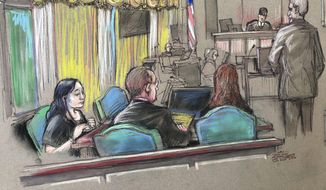 In this April 15, 2019, file court sketch, Yujing Zhang, left, a Chinese woman charged with lying to illegally enter President Donald Trump&#39;s Mar-a-Lago club, listens to a hearing before Magistrate Judge William Matthewman in West Palm Beach, Fla.  Federal prosecutors want an 18-month prison sentence for the Chinese businesswoman convicted of trespassing and lying to Secret Service agents. Assistant U.S. Attorney Rolando Garcia said in a court memo that he agrees sentencing guidelines suggest that Zhang get between zero and six months when she is sentenced in Fort Lauderdale, Fla., on Nov. 22.  (Daniel Pontet via AP, File)