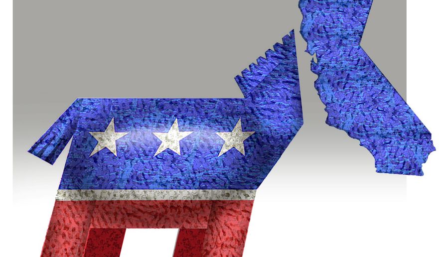 Illustration on Democratic party dominance of California by Alexander Hunter/The Washington Times
