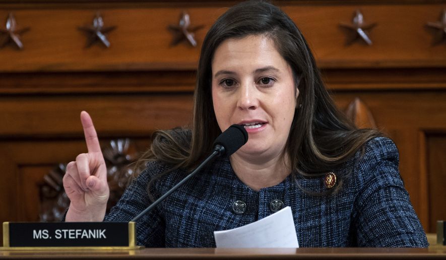 Rep. Elise Stefanik, R-N.Y., questions top U.S. diplomat in Ukraine William Taylor, and career Foreign Service officer George Kent, as they testify before the House Intelligence Committee on Capitol Hill in Washington, Wednesday, Nov. 13, 2019, during the first public impeachment hearing of President Donald Trump&#x27;s efforts to tie U.S. aid for Ukraine to investigations of his political opponents. (Saul Loeb/Pool Photo via AP) ** FILE **