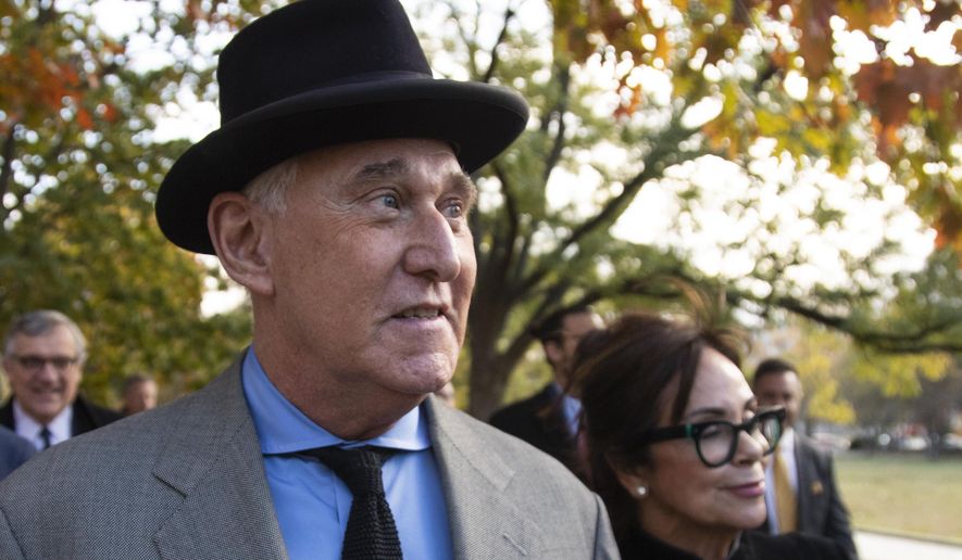 Roger Stone with his wife Nydia Stone, right, leave federal court Washington, Tuesday, Nov. 12, 2019. Stone, a longtime Republican provocateur and former confidant of President Donald Trump, wanted to contact Jared Kushner in order to &amp;quot;debrief&amp;quot; the president&#39;s son-in-law about hacked emails that were damaging to Hillary Clinton during the 2016 presidential campaign, a former Trump campaign aide said Tuesday. (AP Photo/Manuel Balce Ceneta)