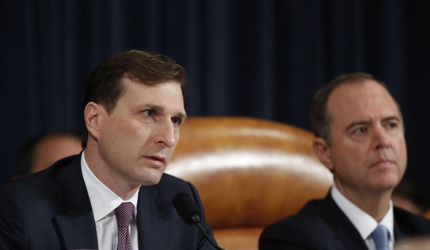 Daniel Goldman, director of investigations for the House Intelligence Committee majority staff, left, asks questions to top U.S. diplomat in Ukraine William Taylor and career Foreign Service officer George Kent, as they testify before the House Intelligence Committee on Capitol Hill in Washington, Wednesday, Nov. 13, 2019, during the first public impeachment hearing of President Donald Trump&#39;s efforts to tie U.S. aid for Ukraine to investigations of his political opponents. House Intelligence Committee Chairman Rep. Adam Schiff, D-Calif., right, looks on. (AP Photo/Alex Brandon)