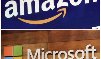 This combination of file photos shows the logos for Amazon, top, and Microsoft. Amazon protested the Pentagon’s decision in the Trump presidency to award a huge cloud-computing contract to Microsoft, citing “unmistakable bias” in the decision. But on July 6, 2021, the Pentagon announced it was dropping the Microsoft contract, electing to go a different route to fulfill its cloud computing needs.  (AP Photo/Richard Drew and Ted S. Warren, File)