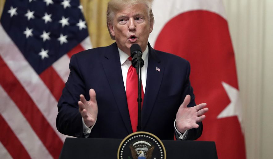 In this Nov. 13, 2019, photo, President Donald Trump speaks during a news conference with Turkish President Recep Tayyip Erdogan in the East Room of the White House in Washington. In a sharply divided country, a new poll finds some things Americans can agree on. There’s widespread consensus on the importance of factual information being transparent and based in data, and Democrats and Republicans alike frequently find the current information environment challenging. (AP Photo/ Evan Vucci)