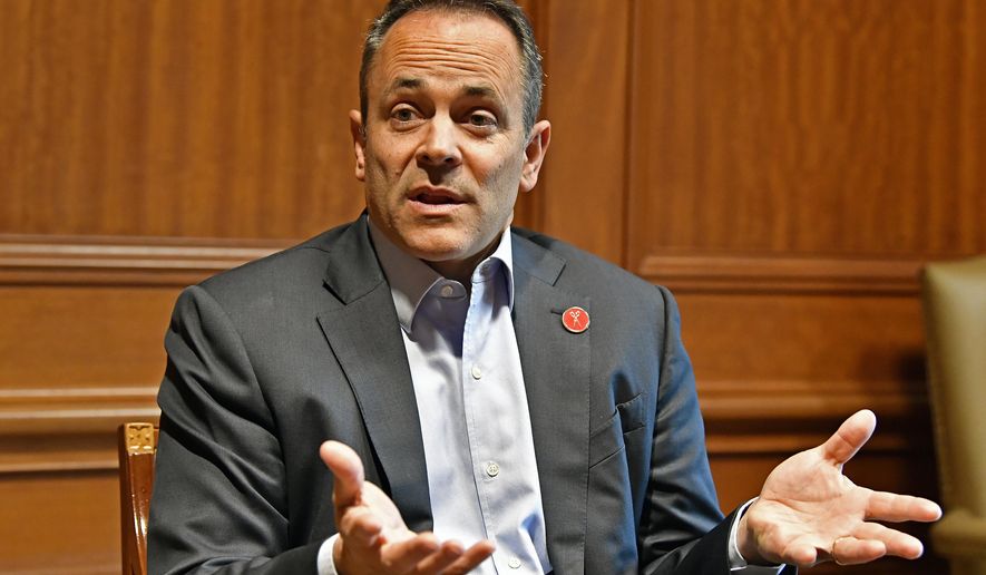 Kentucky Governor Matt Bevin discusses the upcoming recanvass of the Governor&#39;s race in Frankfort, Ky., Wednesday, Nov. 13, 2019. (AP Photo/Timothy D. Easley)