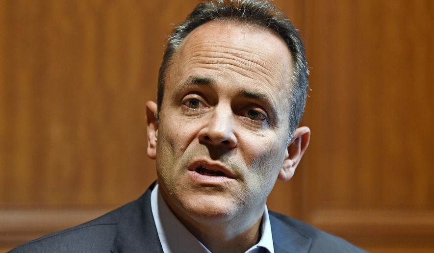 Kentucky Governor Matt Bevin discusses the upcoming recanvass of the Governor&#39;s race in Frankfort, Ky., Wednesday, Nov. 13, 2019. (AP Photo/Timothy D. Easley)