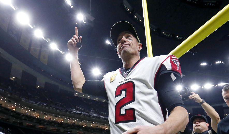 Atlanta Falcons quarterback Matt Ryan (2) reacts as he leaves the field after an NFL football game against the New Orleans Saints in New Orleans, Sunday, Nov. 10, 2019. The Falcons won 26-9. (AP Photo/Butch Dill)