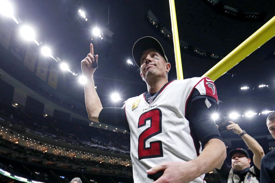 Atlanta Falcons quarterback Matt Ryan (2) reacts as he leaves the field after an NFL football game against the New Orleans Saints in New Orleans, Sunday, Nov. 10, 2019. The Falcons won 26-9. (AP Photo/Butch Dill)