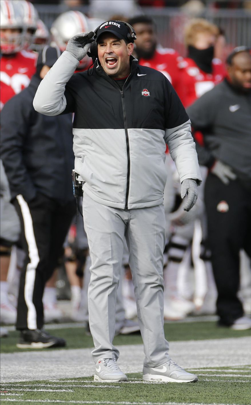 Ohio State head coach Ryan Day shouts to his team against Maryland during the second half of an NCAA college football game, Saturday, Nov. 9, 2019, in Columbus, Ohio. Ohio State beat Maryland 73-14. (AP Photo/Jay LaPrete)