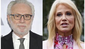 This combination of photos shows CNN&#39;s Wolf Blitzer at the WarnerMedia Upfront at Madison Square Garden in New York on May 15, 2019, left, and Counselor to the President Kellyanne Conway speaking to media outside the West Wing of the White House in Washington on July 25, 2019. Blitzer and Conway had a tense exchange Thursday when the anchor sought reaction to her husband&#39;s televised criticism of President Trump a day earlier. (AP Photo)