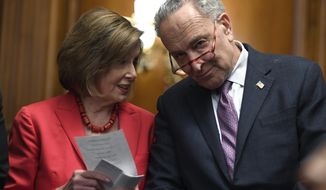 House Speaker Nancy Pelosi of Calif., left, and Senate Minority Leader Sen. Chuck Schumer of N.Y., right, talk as they wait to speak at an event on Capitol Hill in Washington, Tuesday, Nov. 12, 2019, regarding the earlier oral arguments before the Supreme Court in the case of President Trump&#39;s decision to end the Obama-era, Deferred Action for Childhood Arrivals (DACA), program. (AP Photo/Susan Walsh)