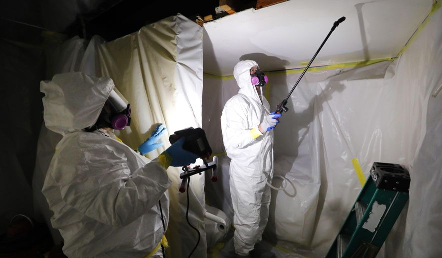 File - In this Oct. 18, 2017, file photo, Asbestos Removal Technologies Inc., job superintendent Ryan Laitila, right, sprays amended water as job forman Megan Eberhart holds a light during asbestos abatement in Howell, Mich. A federal appeals court says the Trump administration unlawfully excluded millions of tons of some of the most dangerous materials in public use from a safety review. (AP Photo/Paul Sancya, File)