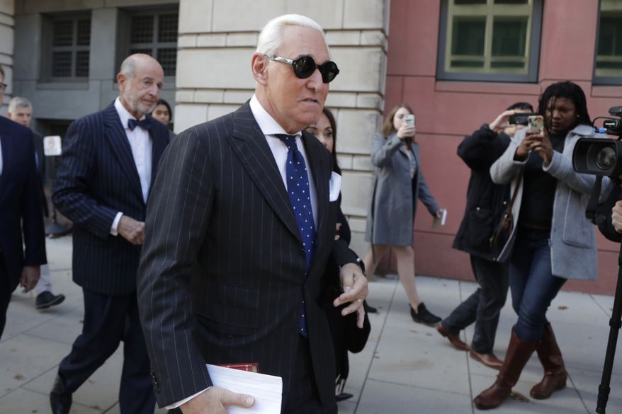 Roger Stone leaves federal court Washington, Friday, Nov. 15, 2019. Stone, longtime friend of President Donald Trump, has been found guilty at his trial in federal court in Washington. (AP Photo/Julio Cortez)