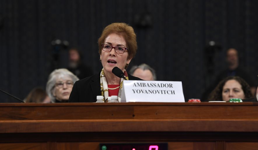 Former U.S. Ambassador to Ukraine Marie Yovanovitch testifies before the House Intelligence Committee on Capitol Hill in Washington, Friday, Nov. 15, 2019, in the second public impeachment hearing of President Donald Trump&#39;s efforts to tie U.S. aid for Ukraine to investigations of his political opponents. (AP Photo/Susan Walsh)