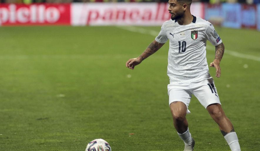 Italy&#39;s Lorenzo Insigne controls the ball during the Euro 2020 group J qualifying soccer match between Bosnia-Herzegovina and Italy at the Bilino polje stadium in Zenica, Bosnia, Friday, Nov. 15, 2019. (AP Photo/Kemal Softic)
