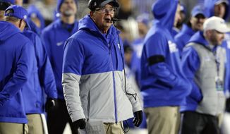 Duke head coach David Cutcliffe looks on from the sidelines during the second half of an NCAA college football game against Notre Dame in Durham, N.C., Saturday, Nov. 9, 2019. (AP Photo/Gerry Broome)