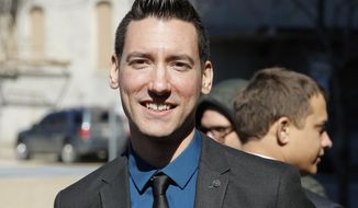 In this Feb. 4, 2016, file photo, David Daleiden, one of two indicted anti-abortion activists, speaks with supporters outside the Harris County Criminal Courthouse in Houston. A federal jury on Friday, Nov. 15, 2019, has found that Daleiden, an anti-abortion activist, illegally secretly recorded workers at Planned Parenthood clinics and is liable for violating federal and state laws. The jury ordered him and others to pay nearly $1 million in damages. (AP Photo/Bob Levey, File) **FILE**
