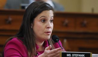 Rep. Elise Stefanik, R-N.Y., questions former Ambassador to Ukraine Marie Yovanovitch testify before the House Intelligence Committee on Capitol Hill in Washington, Friday, Nov. 15, 2019, during the second public impeachment hearing of President Donald Trump&#39;s efforts to tie U.S. aid for Ukraine to investigations of his political opponents. (AP Photo/Alex Brandon)