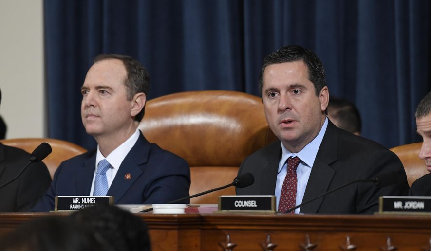 Ranking member Rep. Devin Nunes, R-Calif., right, and House Intelligence Committee Chairman Adam Schiff, D-Calif., left, give opening remarks at the start of the hearing with former U.S. Ambassador to Ukraine Marie Yovanovitch before the House Intelligence Committee on Capitol Hill in Washington, Friday, Nov. 15, 2019, in the second public impeachment hearing of President Donald Trump&#39;s efforts to tie U.S. aid for Ukraine to investigations of his political opponents. (AP Photo/Susan Walsh)