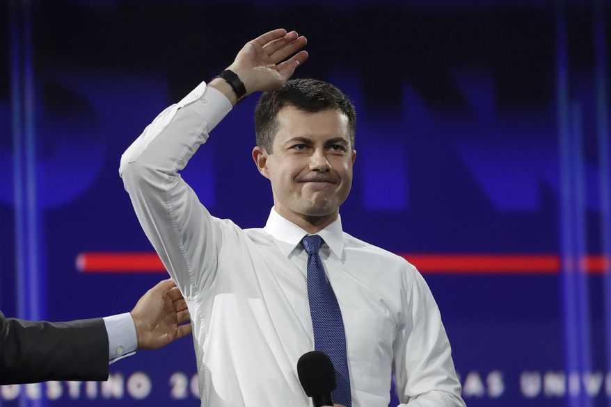 South Bend, Ind., Mayor Pete Buttigieg waves during a presidential forum at the California Democratic Party's convention Saturday, Nov. 16, 2019, in Long Beach, Calif. (AP Photo/Chris Carlson)