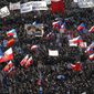 People take part in a large anti-government protest in Prague, Czech Republic, Saturday, Nov. 16, 2019. (AP Photo/Petr David Josek)