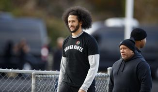 Free agent quarterback Colin Kaepernick arrives at a workout for NFL football scouts and media, Saturday, Nov. 16, 2019, in Riverdale, Ga. (AP Photo/Todd Kirkland)