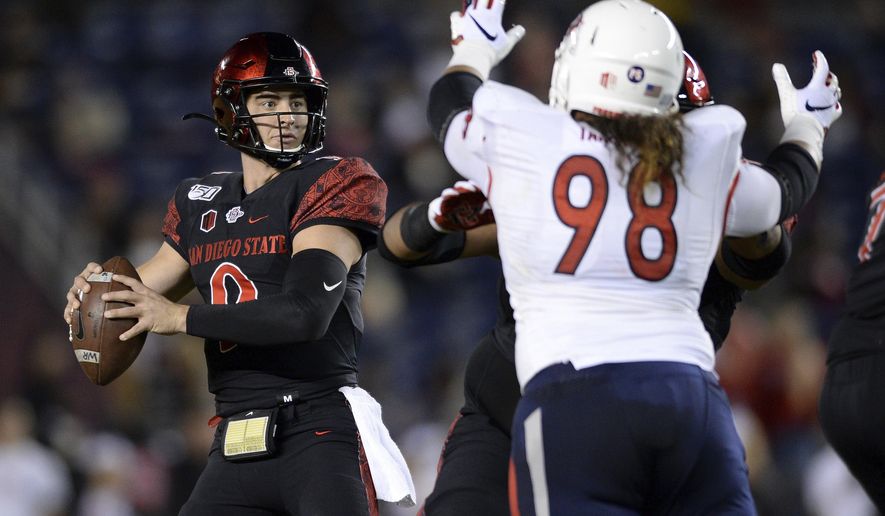 San Diego State quarterback Ryan Agnew (9) looks to pass while pressured by Fresno State defensive tackle Keiti Iakopo (98) during the first half of the NCAA college football game Friday, Nov. 15, 2019, in San Diego. (AP Photo/Orlando Ramirez)