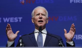 Former Vice President and Democratic presidential candidate Joe Biden speaks during a fundraiser for the Nevada Democratic Party, Sunday, Nov. 17, 2019, in Las Vegas. (AP Photo/John Locher)