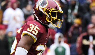 Washington Redskins strong safety Montae Nicholson looks toward the line of scrimmage during an NFL football game against the New York Jets, Sunday, Nov. 17, 2019, in Landover, Md. (AP Photo/Mark Tenally) ** FILE **