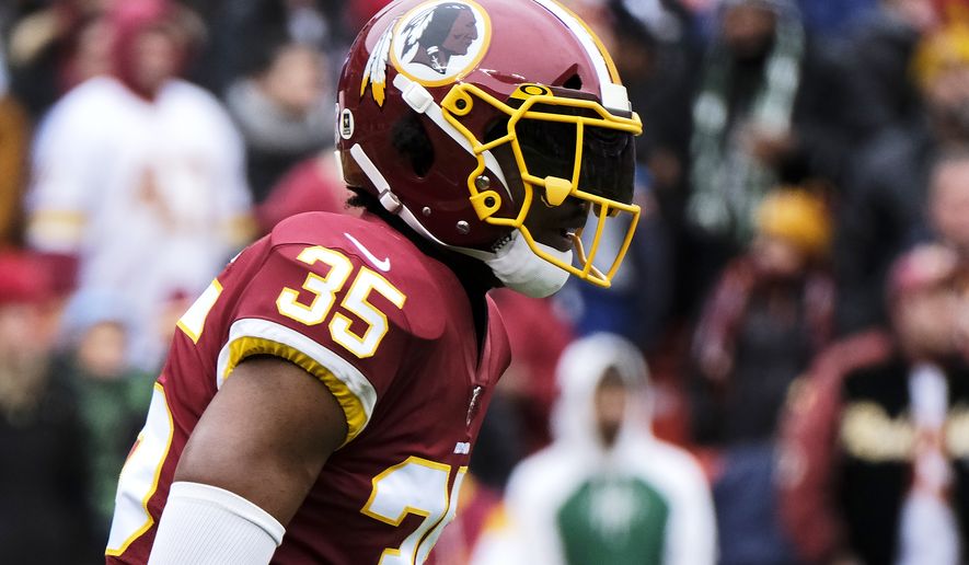 Washington Redskins strong safety Montae Nicholson looks toward the line of scrimmage during an NFL football game against the New York Jets, Sunday, Nov. 17, 2019, in Landover, Md. (AP Photo/Mark Tenally) ** FILE **