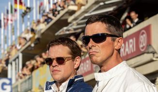 This image released by 20th Century Fox shows Christian Bale, right, and Matt Damon in a scene from the film, &amp;quot;Ford v. Ferrari.&amp;quot; (Merrick Morton/20th Century Fox via AP)