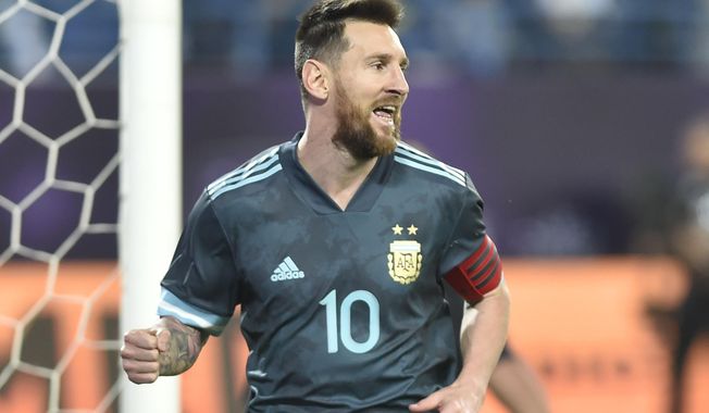 Argentina&#x27;s Lionel Messi celebrates after scoring his side&#x27;s opening goal during a friendly soccer match between Brazil and Argentina at King Fahd stadium in Riyadh, Saudi Arabia, Friday, Nov. 15, 2019. (AP Photo)