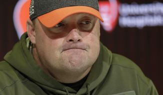 Cleveland Browns head coach Freddie Kitchens speaks at a news conference at the NFL football team&#39;s training camp facility, Monday, Nov. 18, 2019, in Berea, Ohio. Browns star defensive end Myles Garrett has not yet scheduled the appeal for his indefinite NFL suspension for striking Pittsburgh quarterback Mason Rudolph with a helmet.(AP Photo/Tony Dejak)