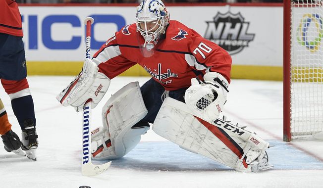 Washington Capitals goaltender Braden Holtby (70) watches the puck during the first period of an NHL hockey game against the Anaheim Ducks, Monday, Nov. 18, 2019, in Washington. (AP Photo/Nick Wass)
