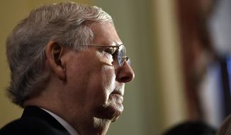 In this Nov. 5, 2019, photo Senate Majority Leader Mitch McConnell of Ky., listens as he speaks to reporters on Capitol Hill in Washington. (AP Photo/Susan Walsh) **FILE**