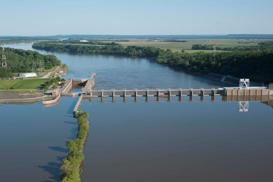 Webbers Falls Lock and Dam in eastern Oklahoma is one of 18 locks and dams in the 445-mile McClellan-Kerr Arkansas River Navigation System (MKARNS). The system supports agricultural and other commercial activity worth $3.5 billion a year. Photo courtesy of U.S. Army Corps of Engineers - Tulsa District.