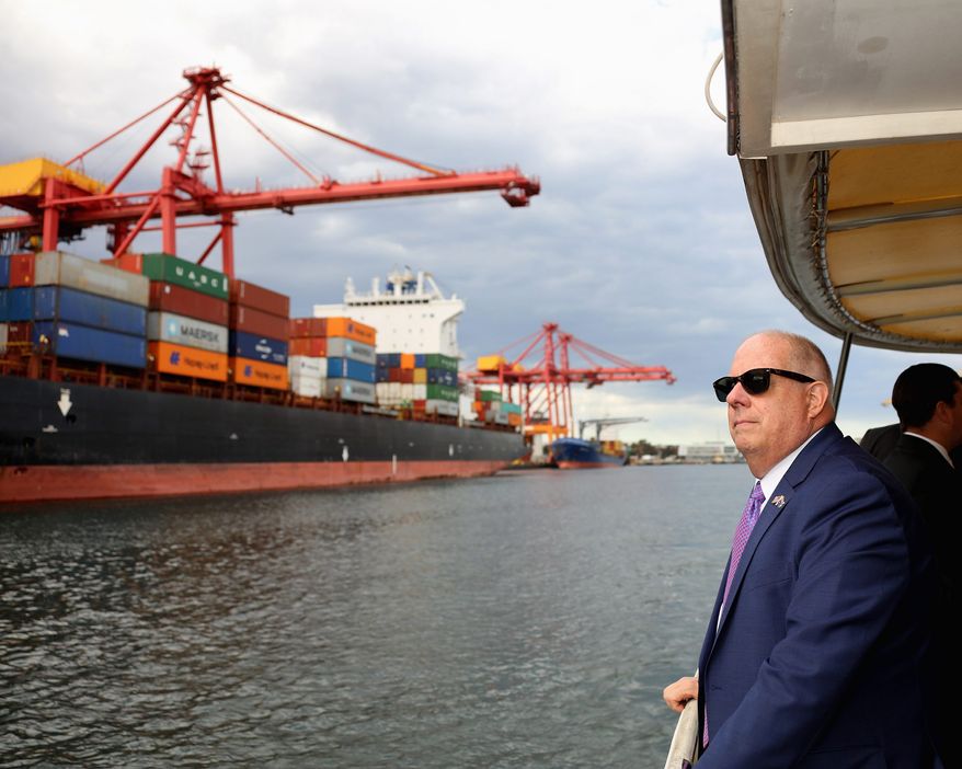 An international study trip on infrastructure and economic development, led in September by Maryland Gov. Larry Hogan, chair of the National Governors Association, included a stop at Port Botany, a deepwater seaport in Botany Bay in Sydney, Australia. Photo courtesy of the Executive Office of the Governor.