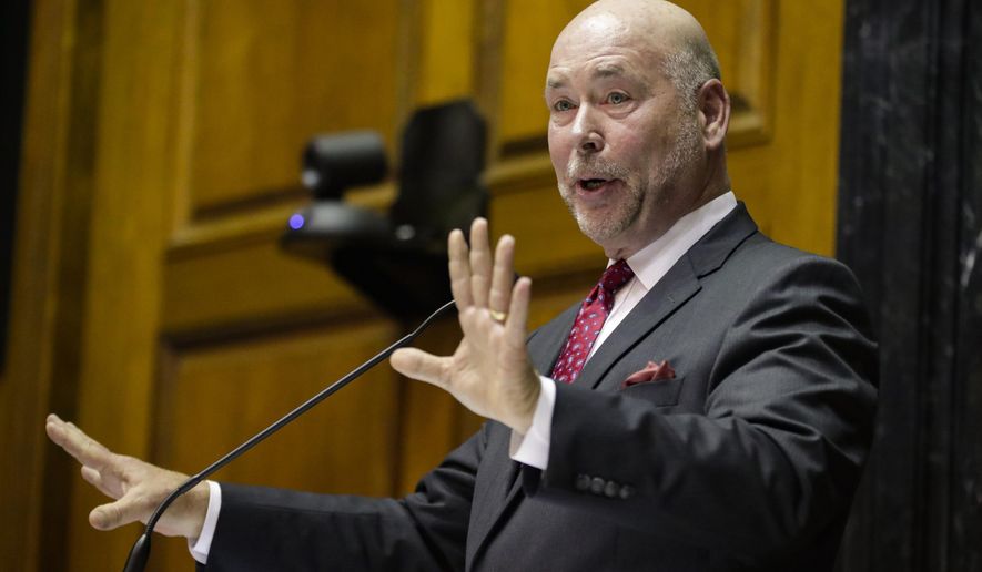 Republican Indiana House Speaker Brian Bosma announces at the Statehouse in Indianapolis, that he will step down as speaker following the 2020 legislative session and not seek reelection, Tuesday, Nov. 19, 2019. (AP Photo/Michael Conroy)