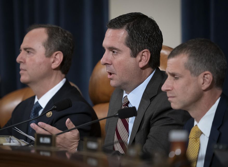 Then-Rep. Devin Nunes, R-Calif., at the time the ranking member of the House Intelligence Committee, joined at left by Chairman Adam Schiff, D-Calif., questions National Security Council aide Lt. Col. Alexander Vindman, on Capitol Hill in Washington, Tuesday, Nov. 19, 2019. U.S. lawmakers are investigating whether the Chinese government is attempting to control one of America&#39;s beacons of free market capitalism — Forbes Global Media Holdings. Republicans on the House Permanent Select Committee on Intelligence began probing the issue in late 2021, according to government documents obtained by The Washington Times. &quot;It is essential for you to be informed of any malign influence efforts related to your company and how such efforts impact American economic and security interests,&quot; then-Rep. Devin Nunes, California Republican, wrote in the letter. (AP Photo/J. Scott Applewhite)