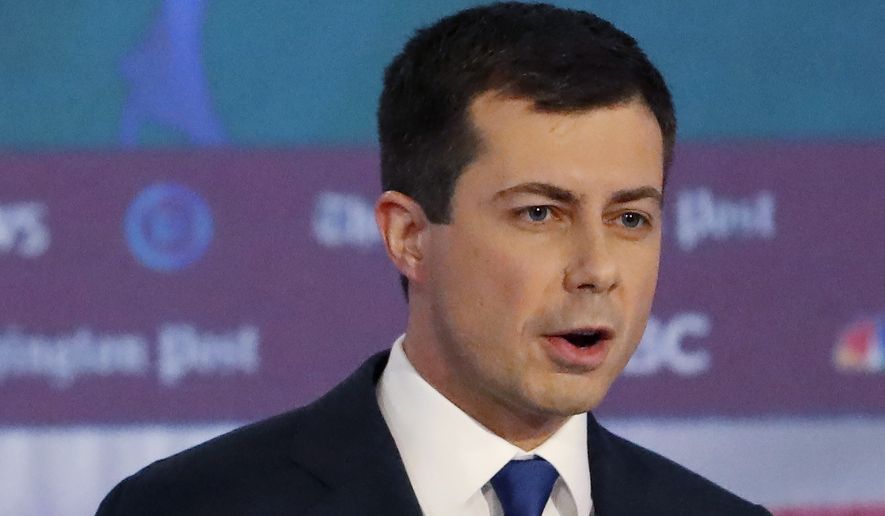 Democratic presidential candidate South Bend, Ind., Mayor Pete Buttigieg speaks about his marriage during a Democratic presidential primary debate, Wednesday, Nov. 20, 2019, in Atlanta. (AP Photo/John Bazemore)