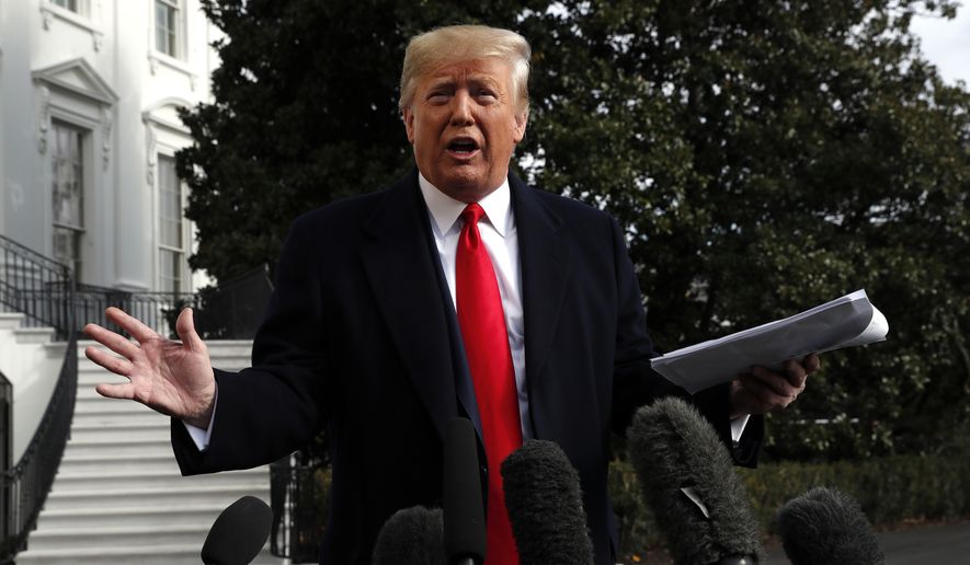 President Donald Trump talks to the media on his way to the Marine One helicopter, Wednesday, Nov. 20, 2019, as he leaves the White House in Washington, en route to Texas. (AP Photo/Jacquelyn Martin)