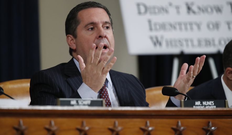 Rep. Devin Nunes, R-Calif, the ranking member of the House Intelligence Committee, questions U.S. Ambassador to the European Union Gordon Sondland as he testifies before the House Intelligence Committee on Capitol Hill in Washington, Wednesday, Nov. 20, 2019, during a public impeachment hearing of President Donald Trump&#x27;s efforts to tie U.S. aid for Ukraine to investigations of his political opponents. (AP Photo/Alex Brandon)