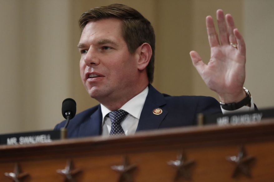 Rep. Eric Swalwell, D-Calif., questions Deputy Assistant Secretary of Defense Laura Cooper and State Department official David Hale as they testify before the House Intelligence Committee on Capitol Hill in Washington, Wednesday, Nov. 20, 2019, during a public impeachment hearing of President Donald Trump. (AP Photo/Andrew Harnik) ** FILE **