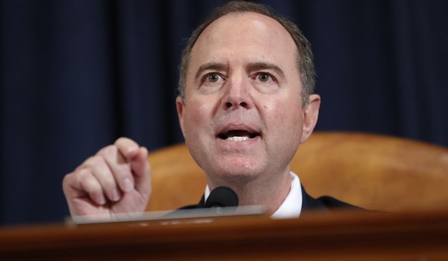 House Intelligence Committee Chairman Adam Schiff, D-Calif., gives his closing statement during the hearing with U.S. Ambassador to the European Union Gordon Sondland before the House Intelligence Committee on Capitol Hill in Washington, Wednesday, Nov. 20, 2019. (AP Photo/Andrew Harnik)
