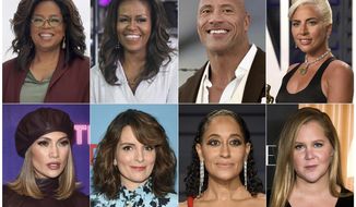 This combination photo shows, top row from left, Oprah Winfrey, former first lady Michelle Obama, Dwayne Johnson, Lady Gaga, bottom row from left, Jennifer Lopez, Tina Fey, Tracee Ellis Ross and Amy Schumer. Live Nation announced Wednesday, Nov. 20, 2019, that Winfrey’s wellness arena tour with WW, dubbed “Oprah’s 2020 Vision: Your Life in Focus,&amp;quot; will also include guest appearances by Obama, Johnson, Lady Gaga, Lopez, Fey, Ellis Ross and Schumer. The nine-city tour will begin on January 4, 2020, in Fort Lauderdale, Fla. (AP Photo)