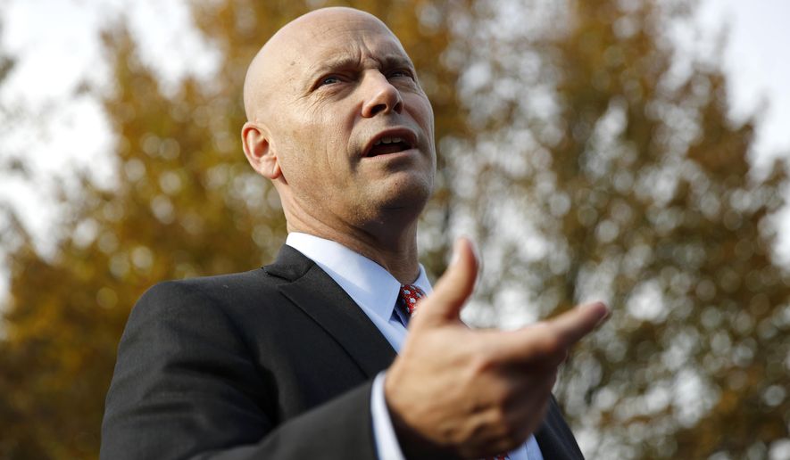 Marc Short, chief of staff to Vice President Mike Pence, speaks with members of the media outside the White House, Tuesday, Nov. 19, 2019, in Washington. (AP Photo/Patrick Semansky)