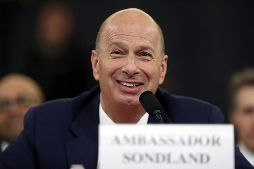 U.S. Ambassador to the European Union Gordon Sondland testifies before the House Intelligence Committee on Capitol Hill in Washington, Wednesday, Nov. 20, 2019, during a public impeachment hearing of President Donald Trump's efforts to tie U.S. aid for Ukraine to investigations of his political opponents. (AP Photo/Andrew Harnik)