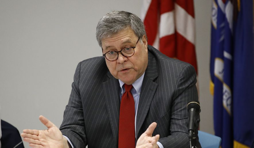 Attorney General William Barr speaks at a roundtable with members of local, state and federal law enforcement agencies at the Cleveland Police Department&#39;s Third District station, Thursday, Nov. 21, 2019, in Cleveland. (AP Photo/Patrick Semansky) ** FILE **