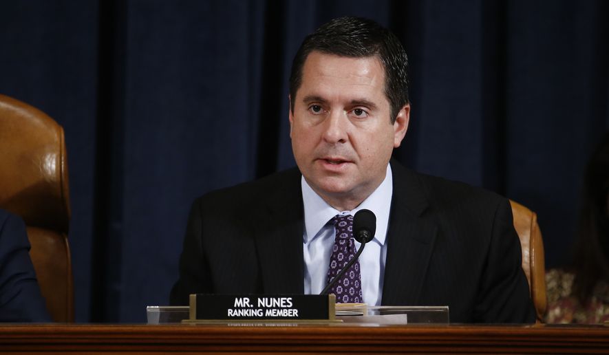 Ranking member Rep. Devin Nunes of Calif., of the House Intelligence Committee on Capitol Hill in Washington, Thursday, Nov. 21, 2019, during a public impeachment hearing of President Donald Trump&#39;s efforts to tie U.S. aid for Ukraine to investigations of his political opponents. (Andrew Harrer/Pool via AP) ** FILE **